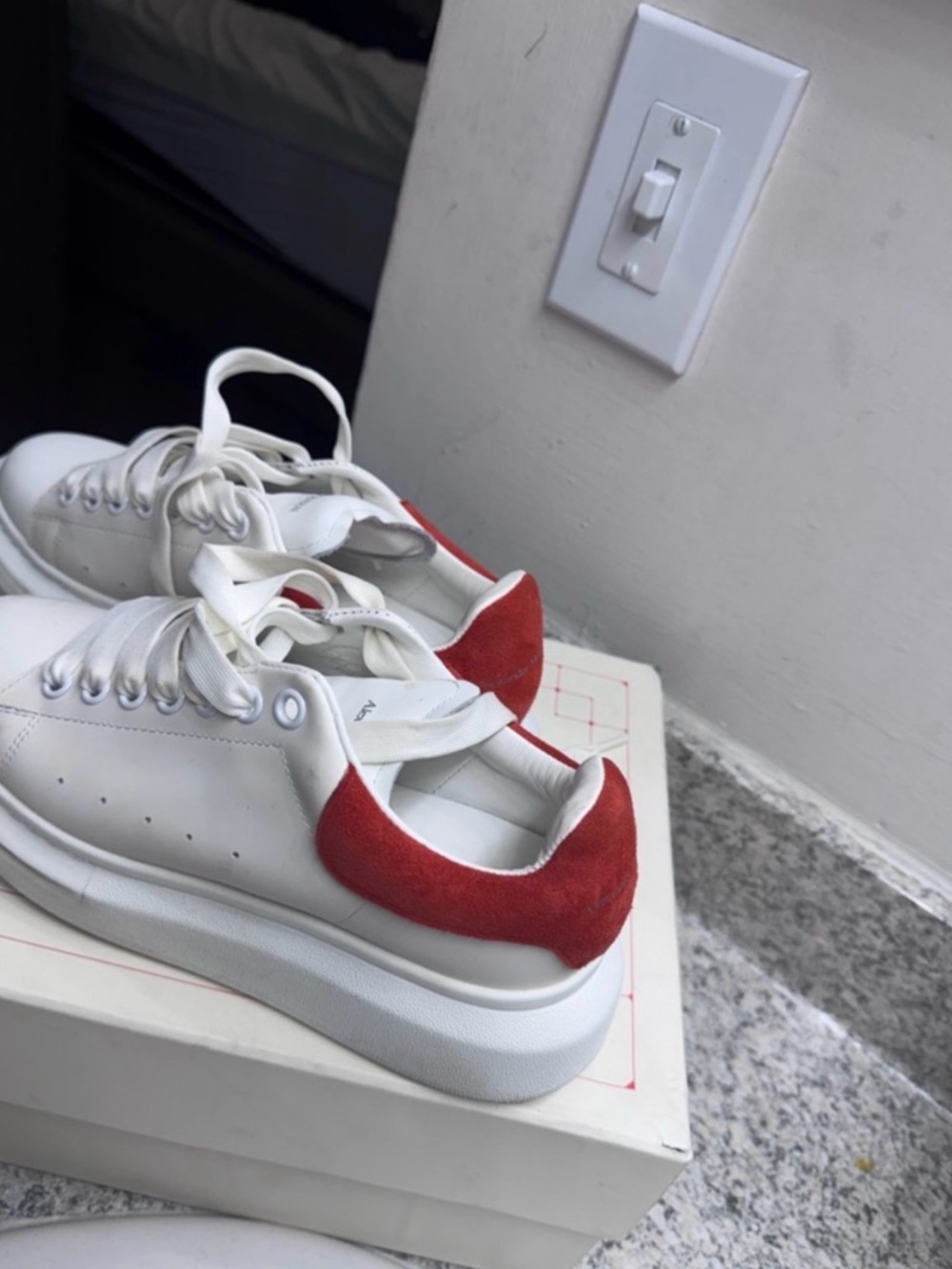 White Leather Sneakers with Red Suede Heel